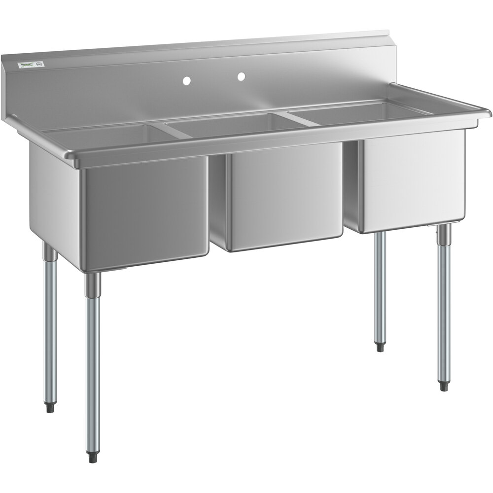 Regency 57" 16 Gauge Stainless Steel Three Compartment Commercial Sink with Galvanized Steel Legs - 16" x 20" x 12" Bowls