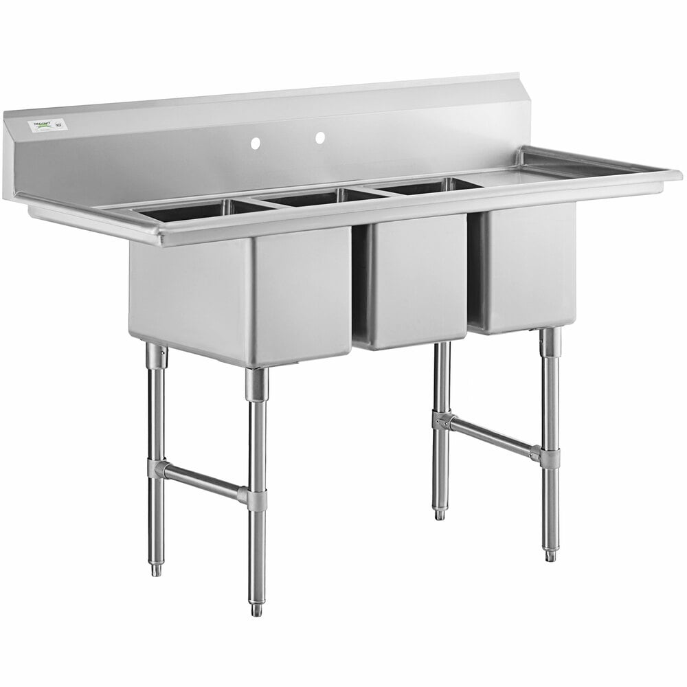 Regency 64" 16-Gauge Stainless Steel Three Compartment Commercial Sink with Stainless Steel Legs, Cross Bracing and 2 Drainboards - 12" x 20" x 12" Bowls