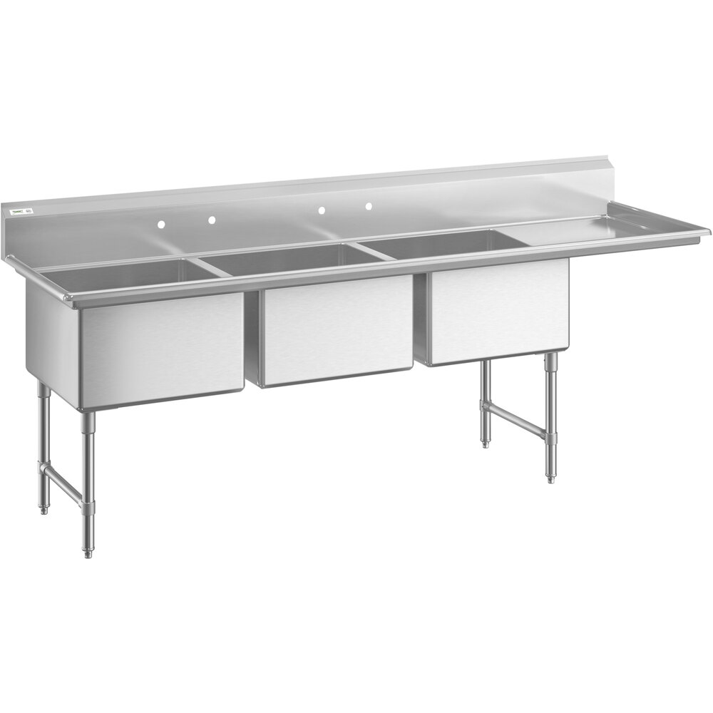 Regency 102 1/2" 16-Gauge Stainless Steel Three Compartment Commercial Sink with Cross Bracing and 1 Drainboard - 24" x 24" x 14" Bowls - Right Drainboard