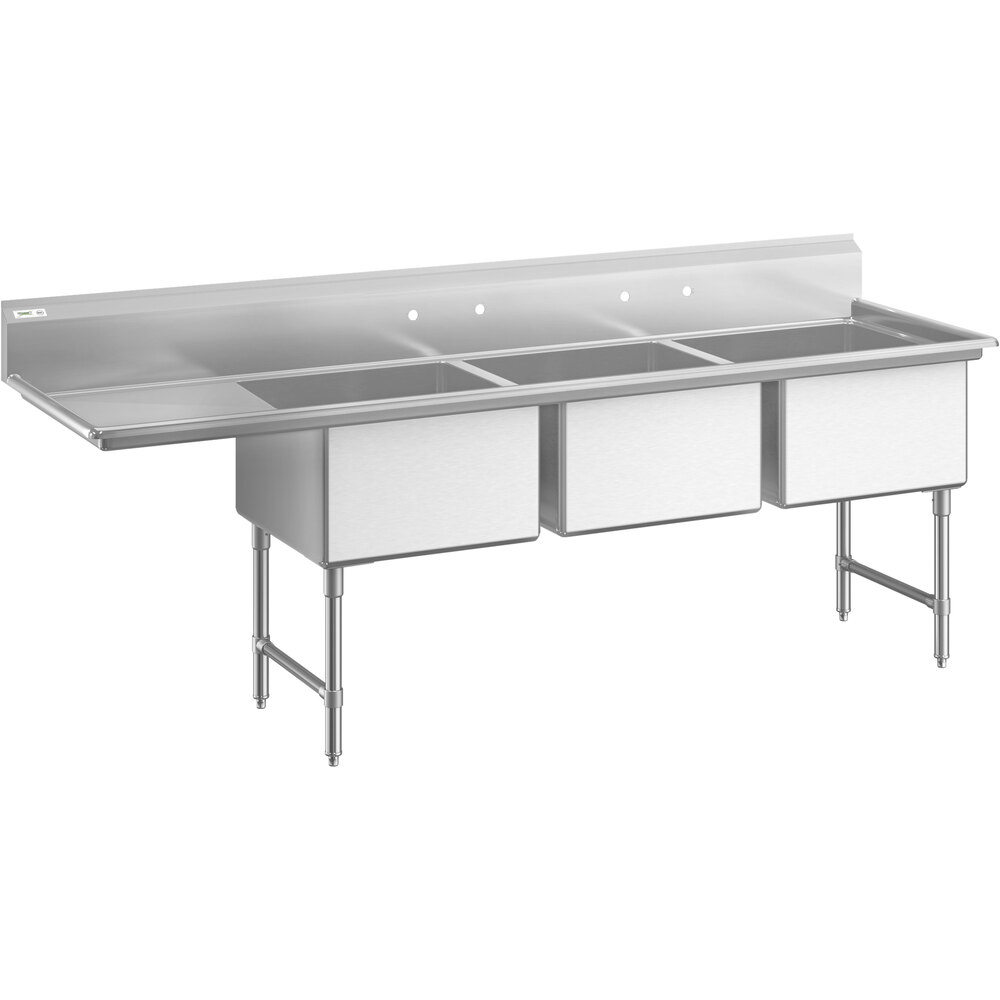 Regency 102 1/2" 16-Gauge Stainless Steel Three Compartment Commercial Sink with Cross Bracing and 1 Drainboard - 24" x 24" x 14" Bowls - Left Drainboard
