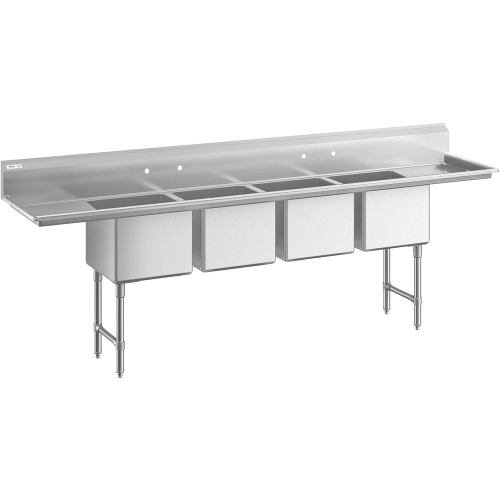 Regency 16 Gauge Stainless Steel Four Compartment Commercial Sink with Two Drainboards - 18" x 18" x 14" Bowls