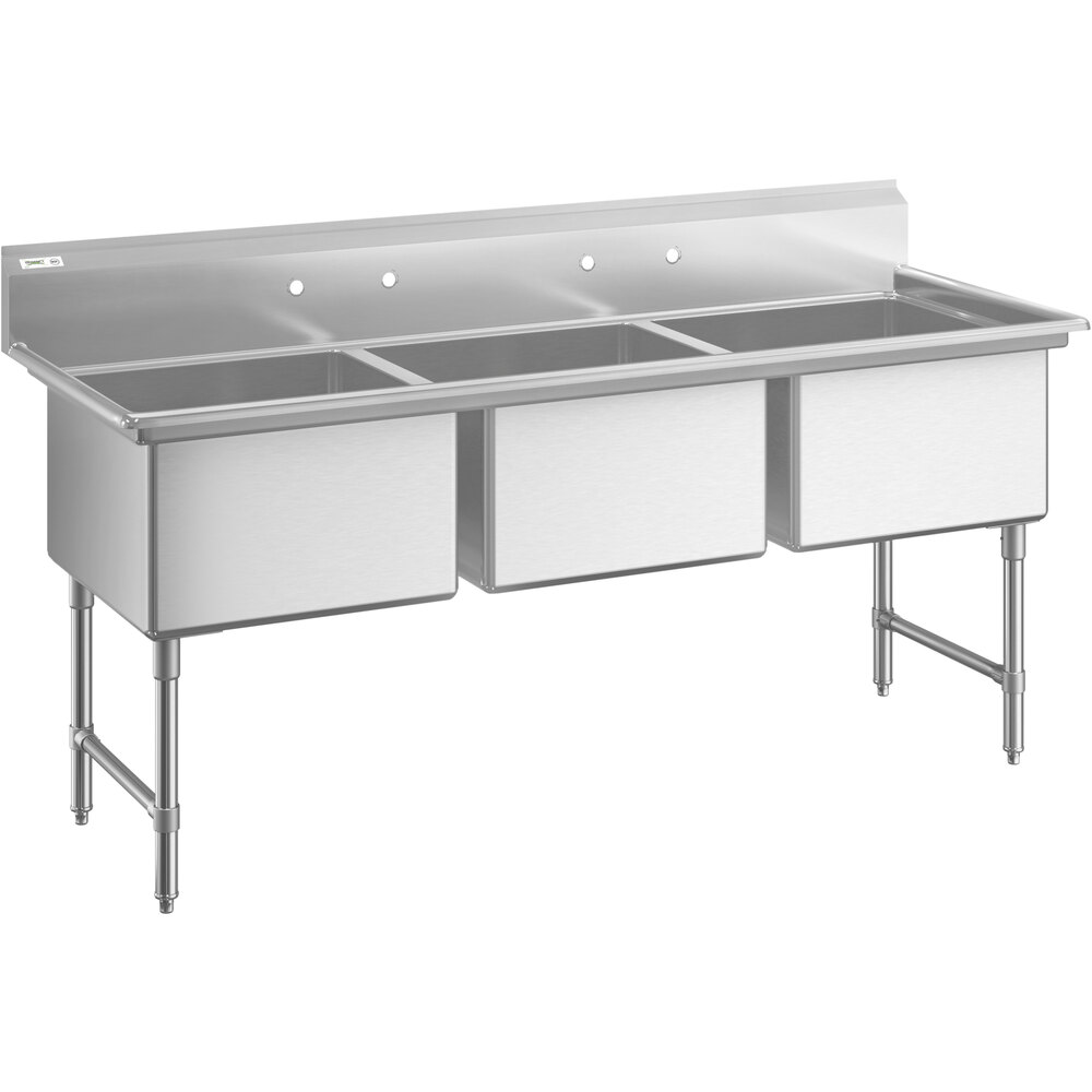 Regency 16 Gauge Stainless Steel Three Compartment Commercial Sink - 24" x 24" x 14" Bowls