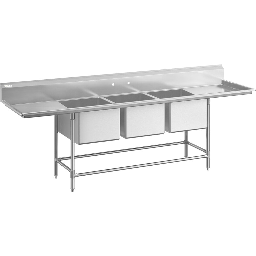 Regency 115" 16-Gauge Stainless Steel Three Compartment Commercial Sink with 2 Drainboards - 20" x 28" x 14" Bowls