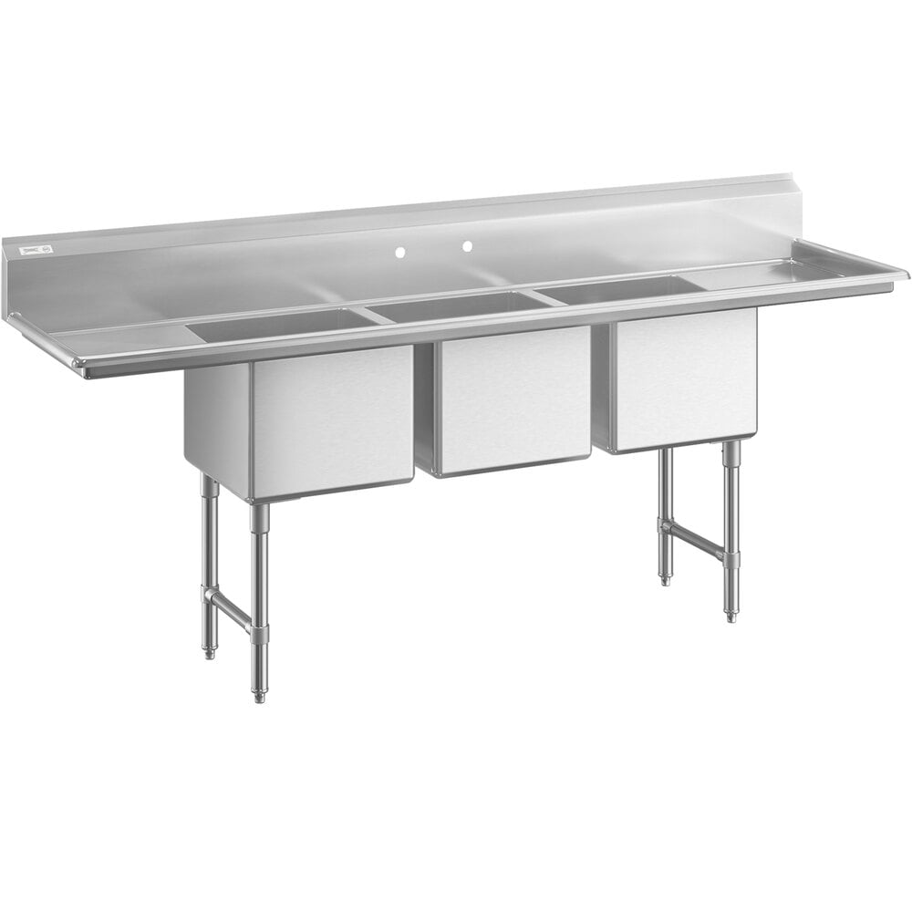 Regency 94" 16 Gauge Stainless Steel Three Compartment Commercial Sink with Cross Bracing and 2 Drainboards - 18" x 18" x 14" Bowls