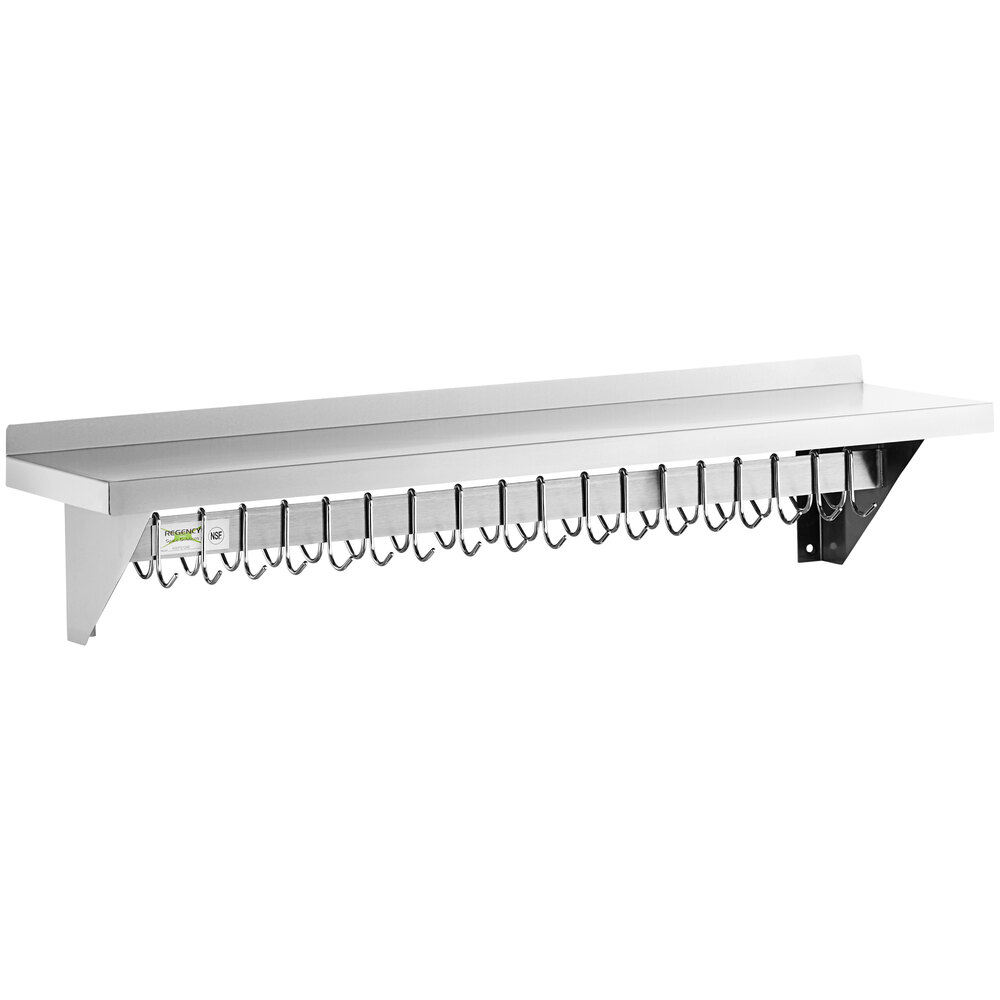 Regency 12" x 48" Stainless Steel Wall Mounted Pot Rack with Shelf and 18 Galvanized Hooks