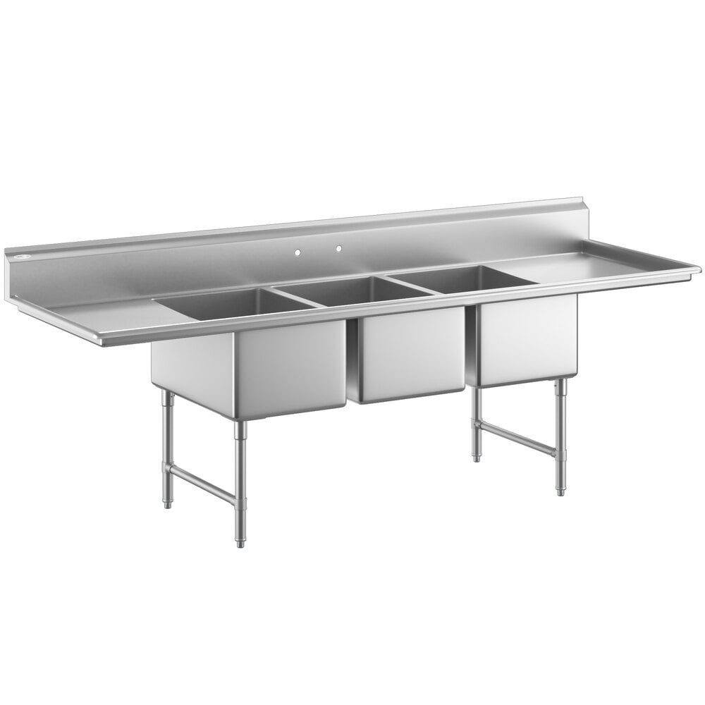 Regency 112" 16-Gauge Stainless Steel Three Compartment Commercial Sink with 2 Drainboards - 20" x 30" x 14" Bowls