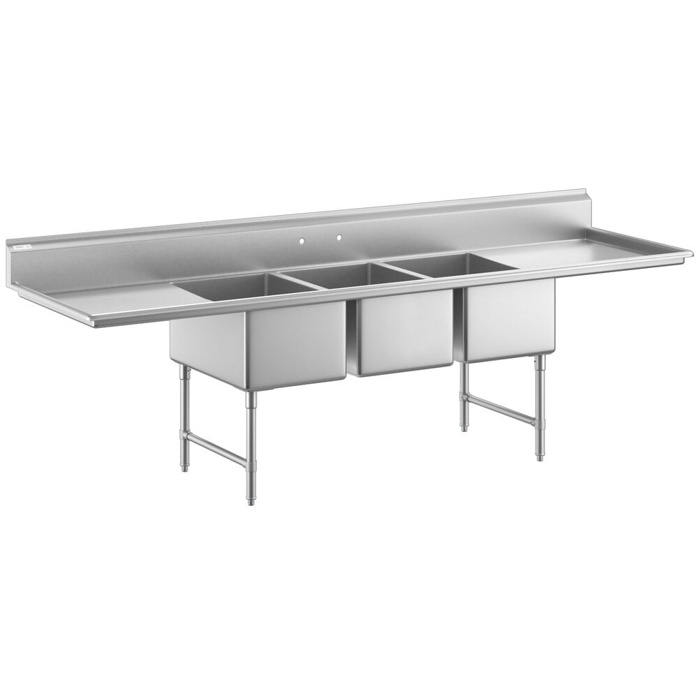 Regency 124" 16-Gauge Stainless Steel Three Compartment Commercial Sink with 2 Drainboards - 20" x 30" x 14" Bowls