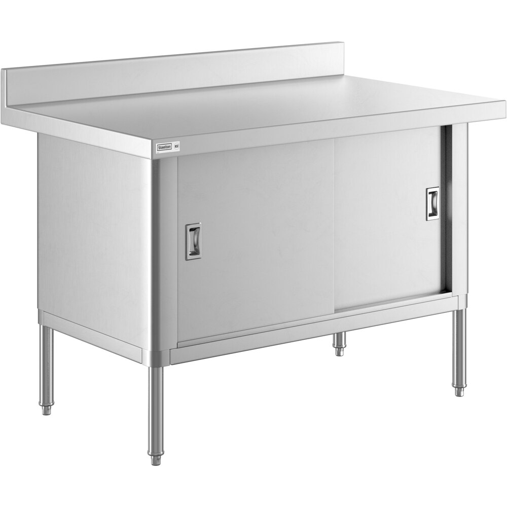 Steelton 30" x 48" 16 Gauge Type 430 Stainless Steel Enclosed Base Sliding Door Table with 4" Backsplash