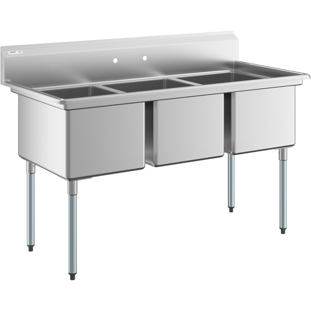 Regency 63" 16 Gauge Stainless Steel Three Compartment Commercial Sink with Galvanized Steel Legs - 24" x 18" x 14" Bowls