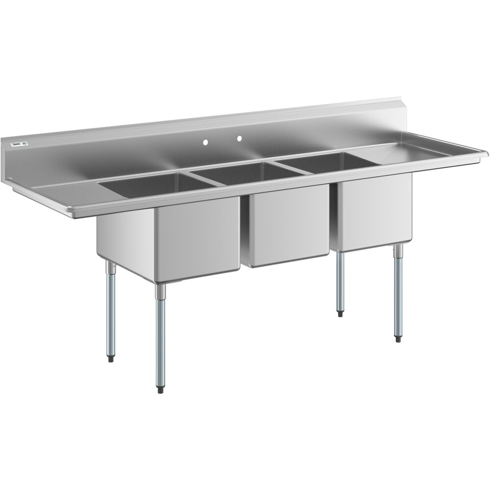 Regency 94" 16 Gauge Stainless Steel Three Compartment Commercial Sink with Galvanized Steel Legs and 2 Drainboards - 18" x 24" x 14" Bowls