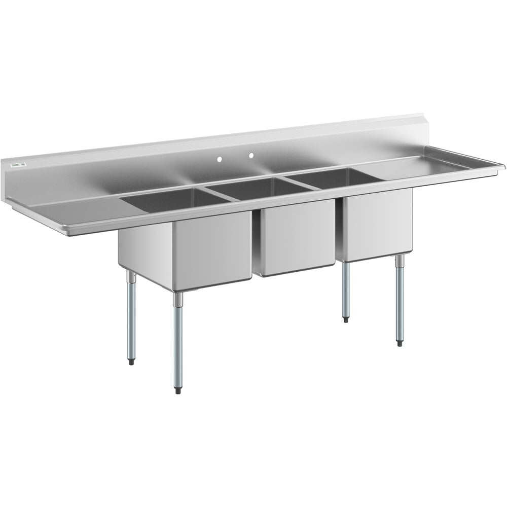 Regency 106" 16 Gauge Stainless Steel Three Compartment Commercial Sink with Galvanized Steel Legs and 2 Drainboards - 18" x 24" x 14" Bowls