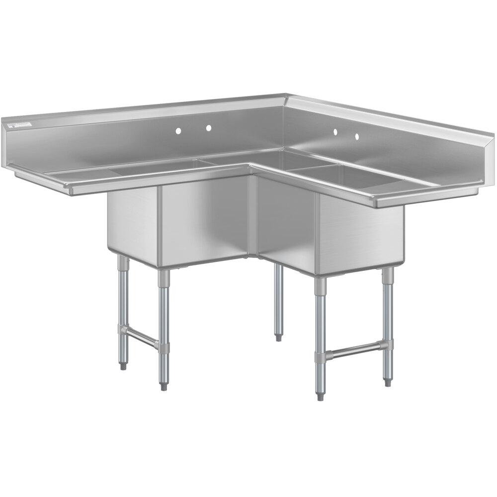 Steelton 57" 18-Gauge Stainless Steel 3-Compartment Commercial Corner Sink with 2 Drainboards - 18" x 18" x 12" Bowls