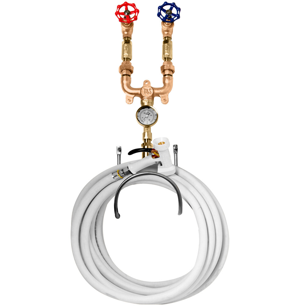 T&S MV-0771-11NW Washdown Station with 50' Creamery Hose, Rear Trigger Water Gun, Thermometer, Mixing Valve, and Check Valves