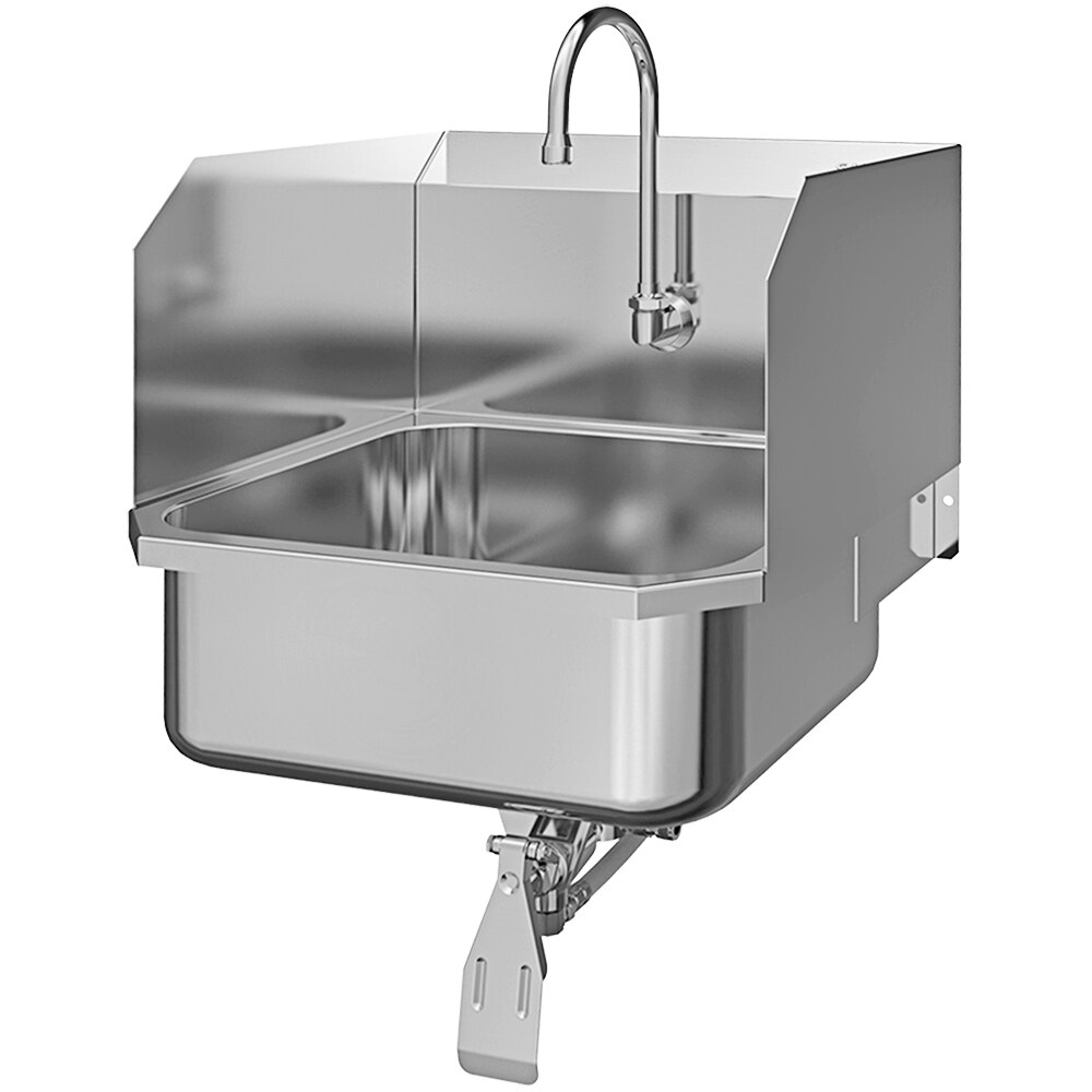 Sani-Lav 5071 19" x 18" Wall Mounted Hands-Free Sink with 1 Single Knee-Operated Faucet and Side Splashes