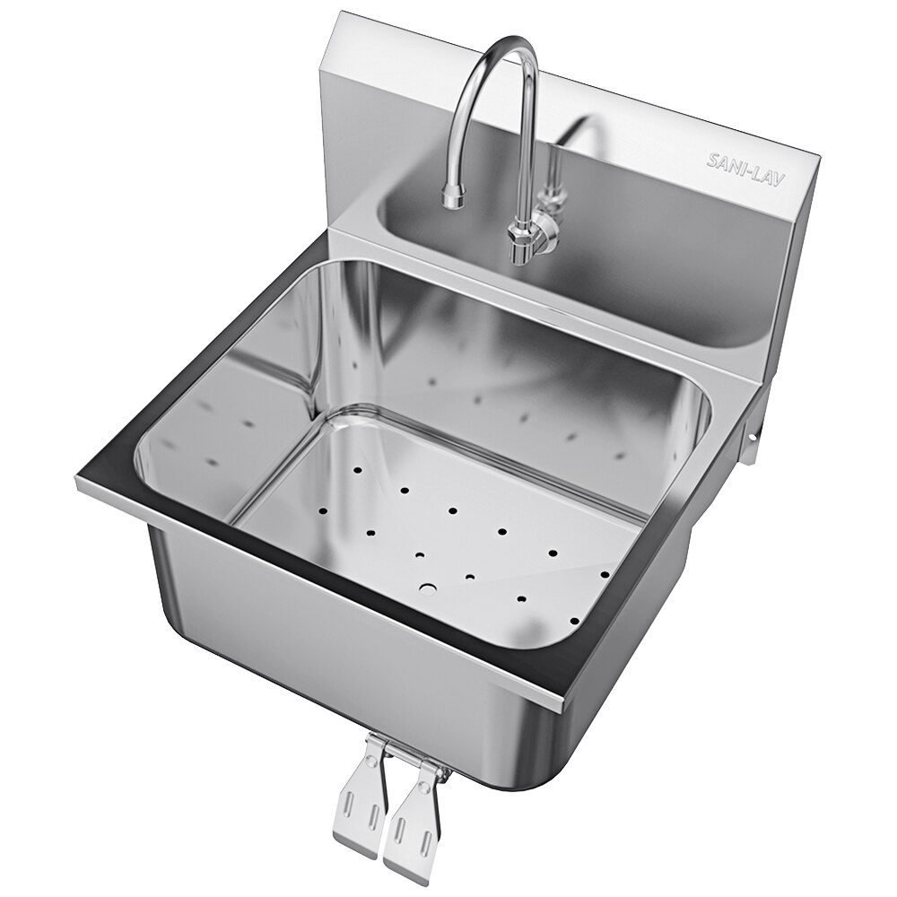 Sani-Lav 515L 21" x 20" Wall Mounted Hands-Free Sink with 1 Double Knee-Operated Faucet and False Bottom