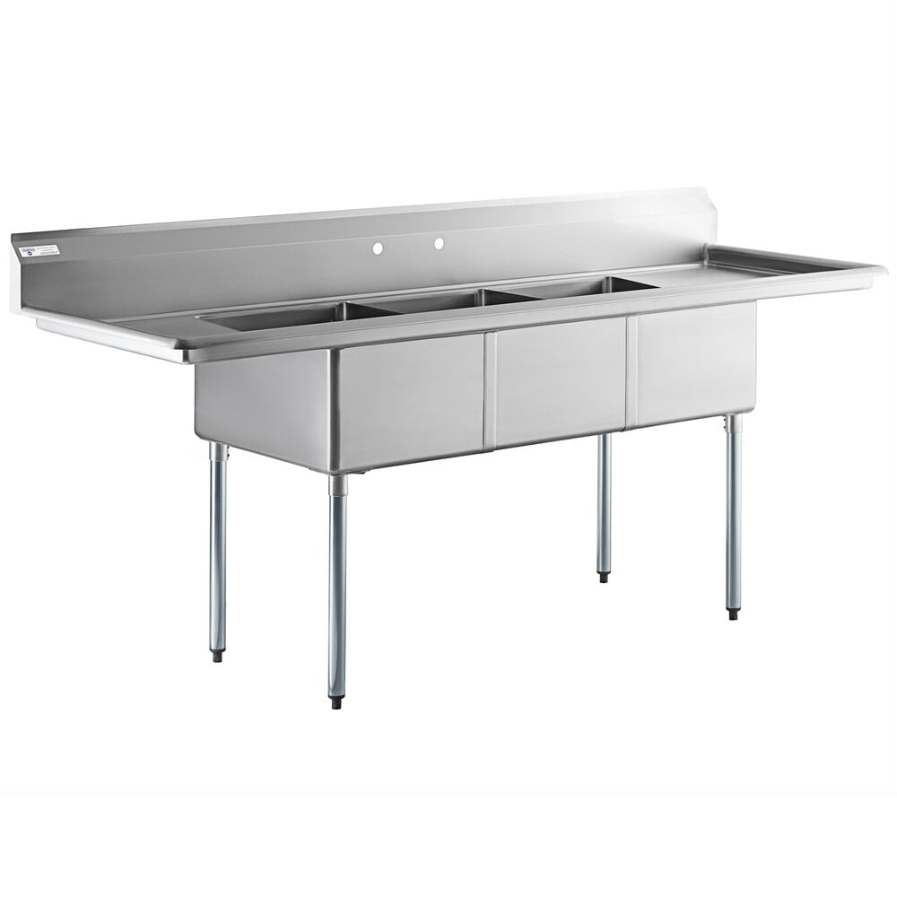 Steelton 90" 18-Gauge Stainless Steel Three Compartment Commercial Sink with 2 Drainboards - 18" x 24" x 12" Bowls