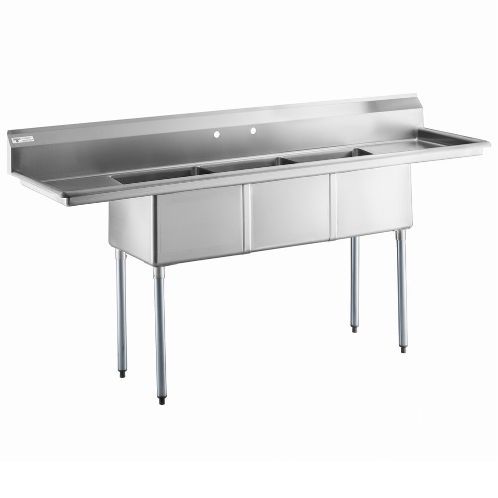 Steelton 90" 18-Gauge Stainless Steel Three Compartment Commercial Sink with 2 Drainboards - 18" x 18" x 12" Bowls
