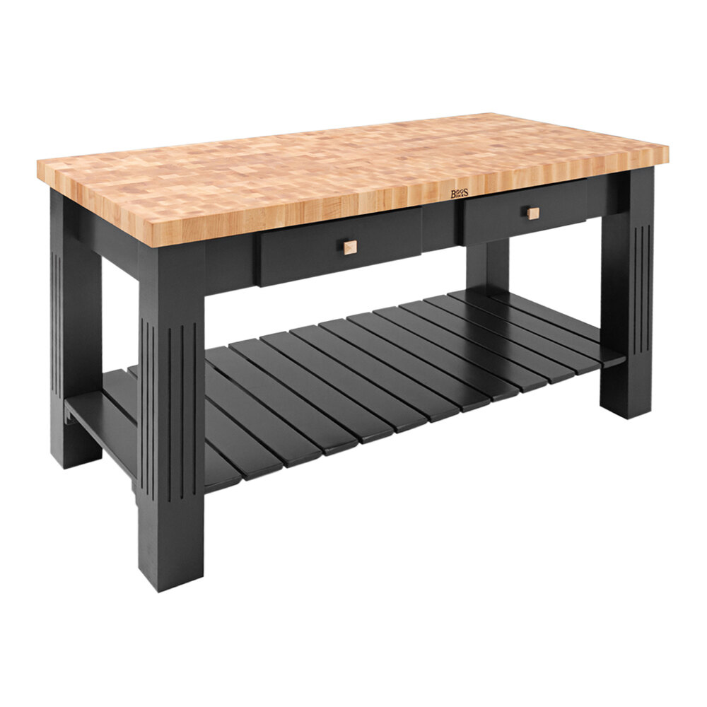 John Boos & Co. GRZ6028-BK 60" x 28" Black Maple Grazzi Island with Undershelf and 2 Drawers