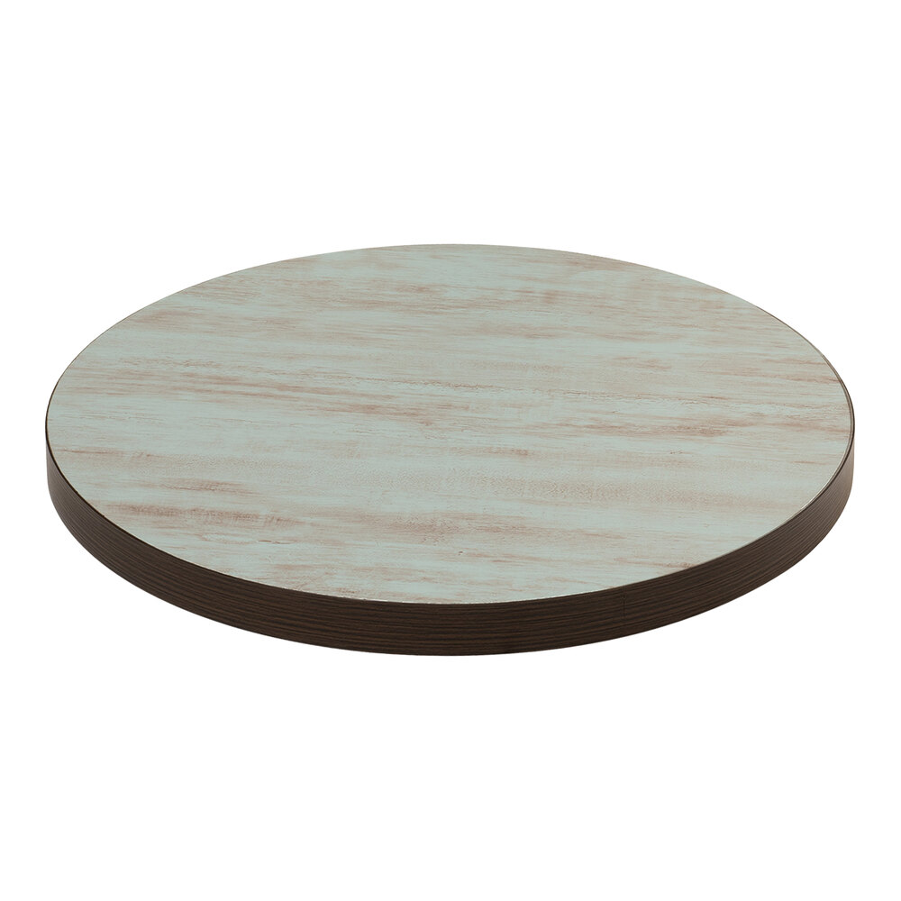 American Tables & Seating 30" Round Double-Sided Laminate Indoor Table Top with Light Blue Wood Grain and Yangon Color Planks Style Finish
