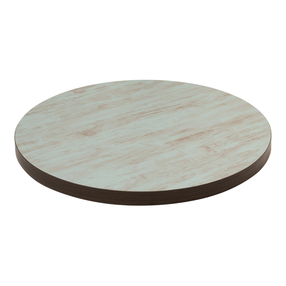 American Tables & Seating 36" Round Double-Sided Laminate Indoor Table Top with Light Blue Wood Grain and Yangon Color Planks Style Finish