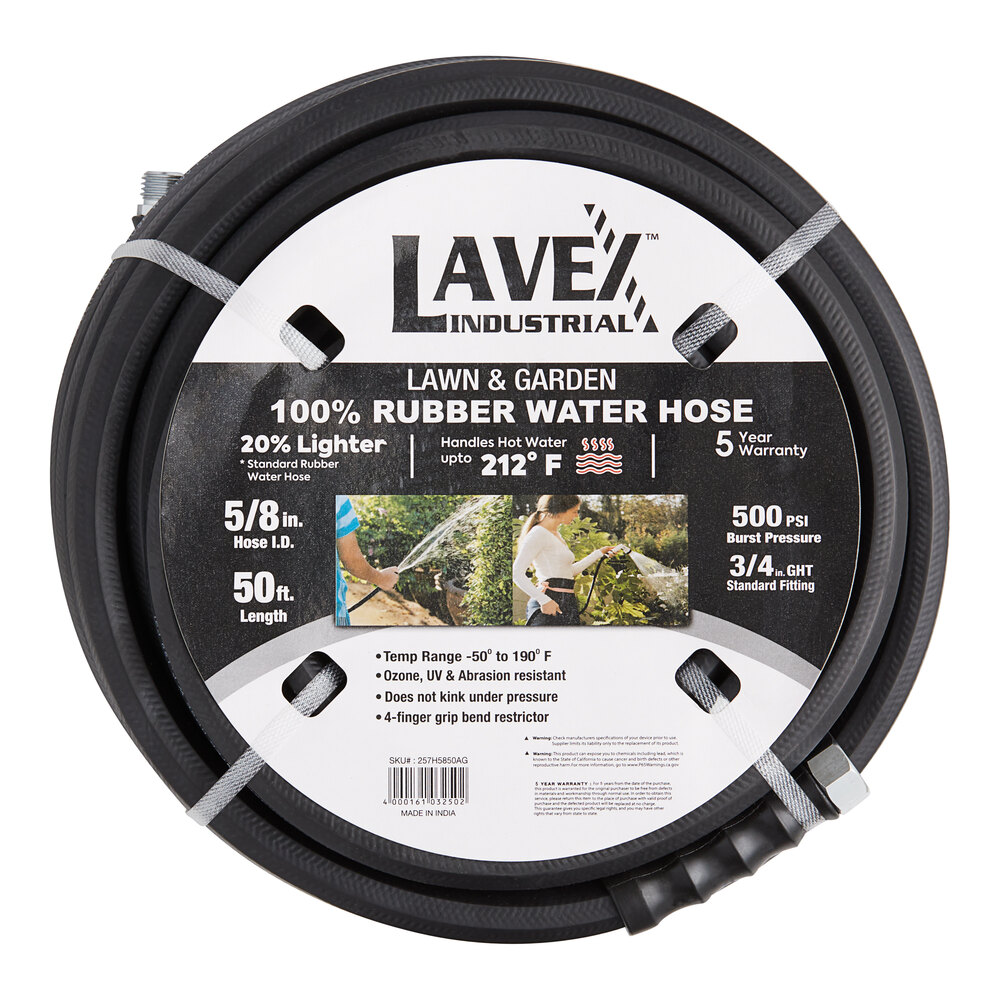 Lavex 50' 5/8" Contractor Grade Black Rubber Water Hose with 3/4" GHT Connection - 500 PSI