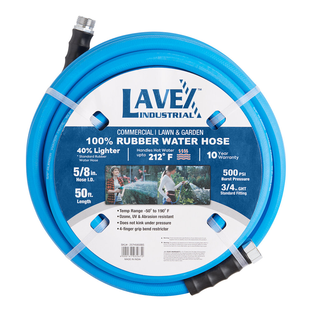Lavex 50' 5/8" Commercial Grade Blue Rubber Water Hose with 3/4" GHT Connection - 500 PSI