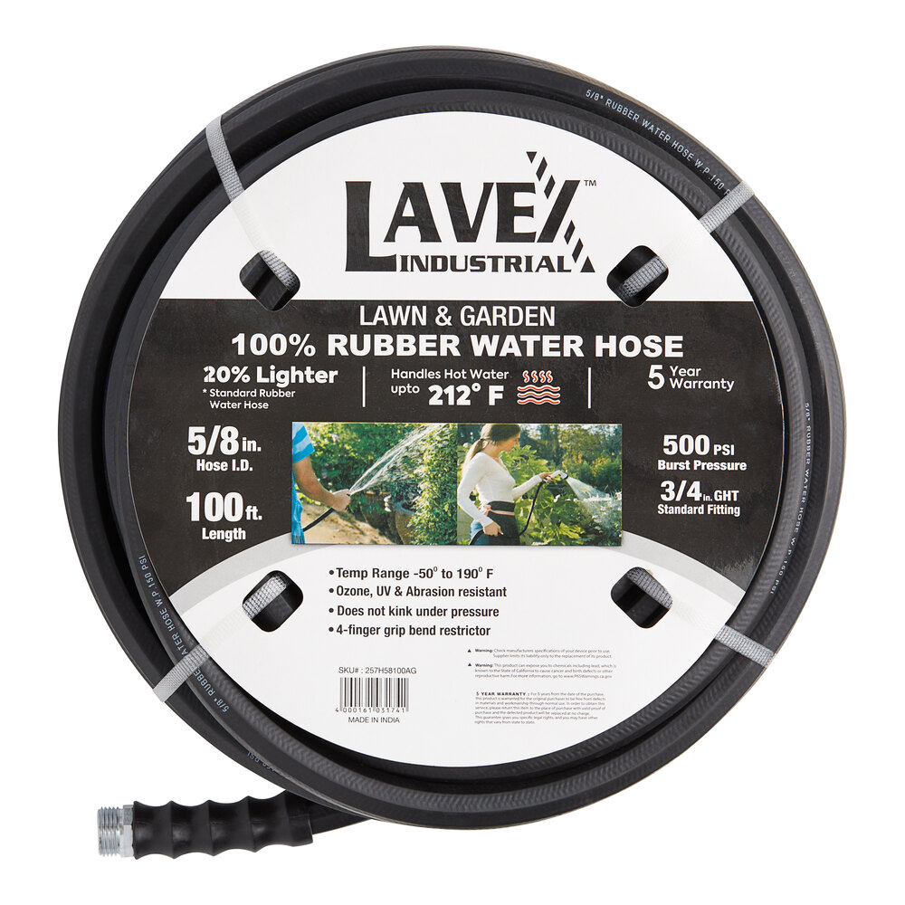 Lavex 100' 5/8" Contractor Grade Black Rubber Water Hose with 3/4" GHT Connection - 500 PSI