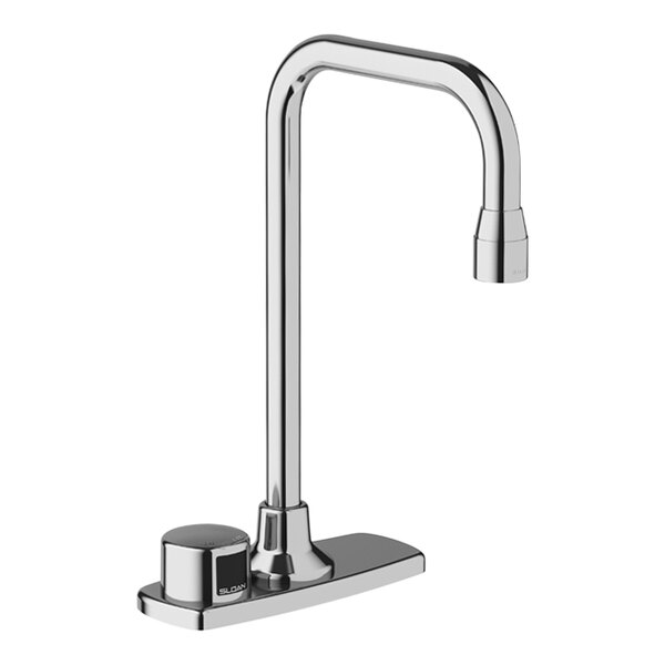 Sloan 3315376BT Optima Polished Chrome Battery-Operated Deck Mount 10" Gooseneck Sensor Faucet with 1.0 GPM Laminar Spray, 8" Plate, and Back-Check Tee Mixer