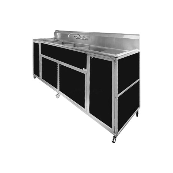 Monsam PSE-2004LA-BLACK Black Four Deep Basin Portable Commercial Sink with 2 Drain Boards