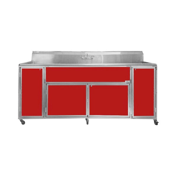 Monsam PSE-2004LA-RED Red Four Deep Basin Portable Commercial Sink with 2 Drain Boards