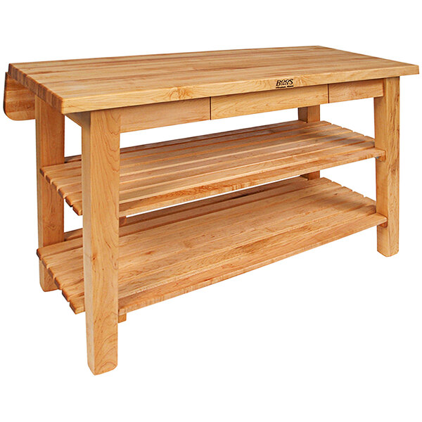 John Boos & Co. KIB6032150 60" x 32" Maple Kitchen Island Bar with Single Drop Leaf, Drawer, and 2 Undershelves