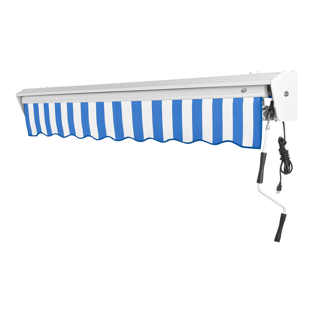 Awntech Destin 16' Blue / White Stripe Heavy-Duty Right Motor Retractable Patio Awning with Protective Hood