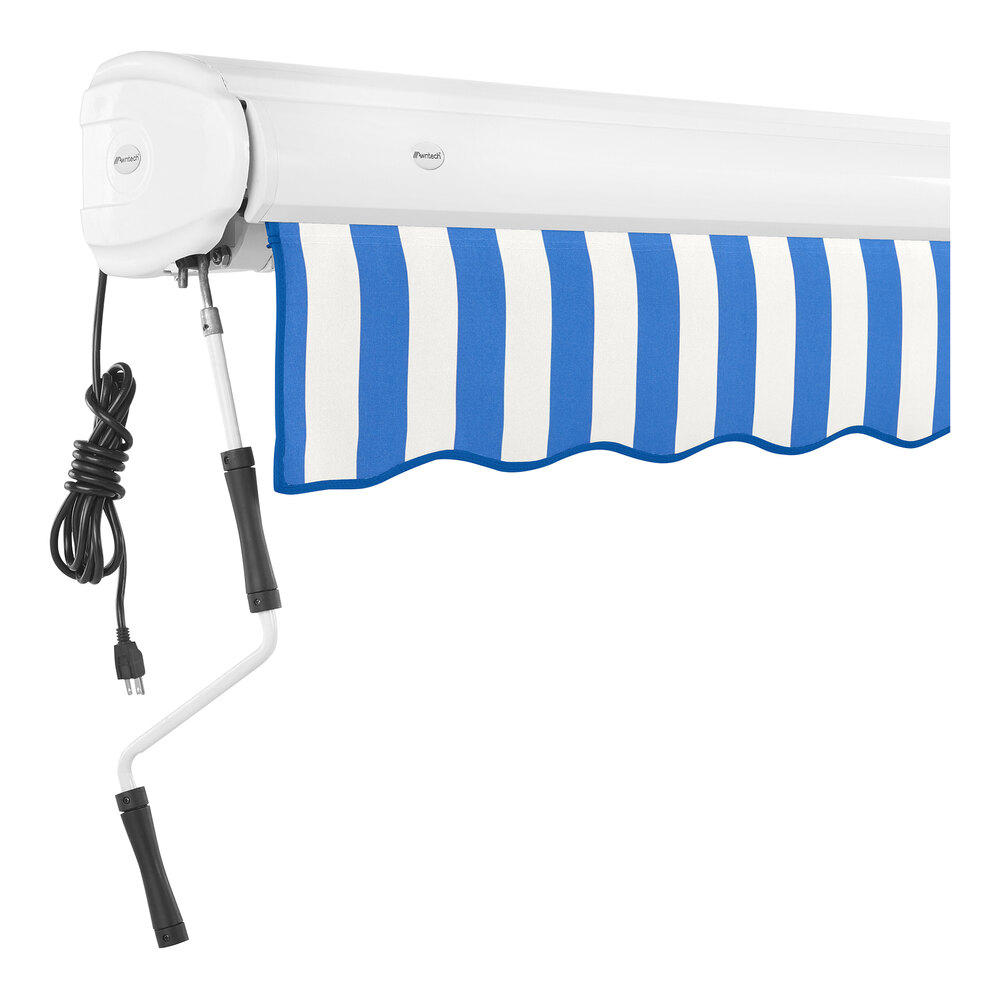 Awntech Key West 16' Blue / White Stripe Heavy-Duty Left Motor Retractable Patio Awning with Protective Hood