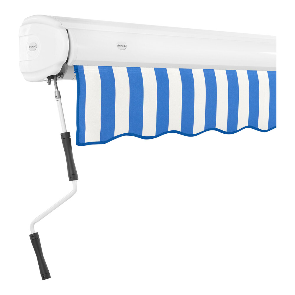 Awntech Key West 12' Blue / White Stripe Heavy-Duty Manual Retractable Patio Awning with Protective Hood
