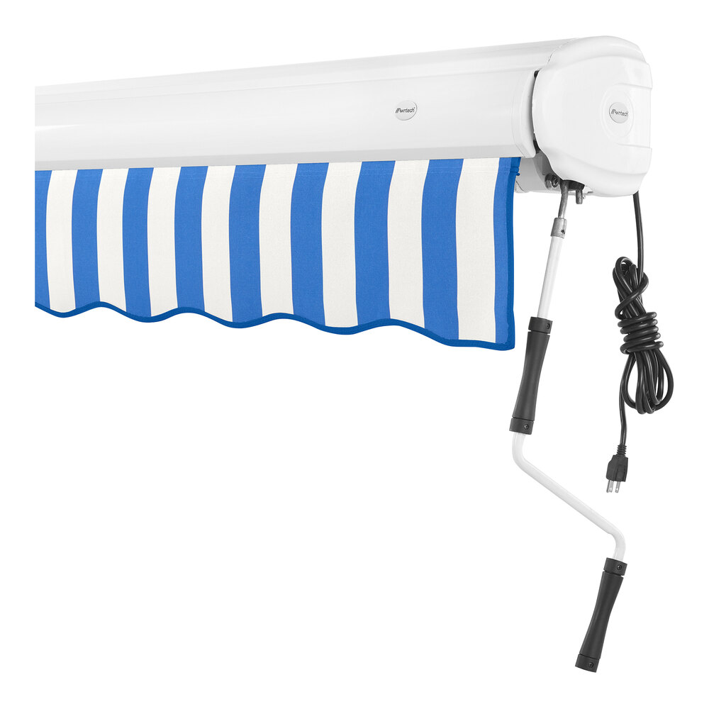 Awntech Key West 16' Blue / White Stripe Heavy-Duty Right Motor Retractable Patio Awning with Protective Hood