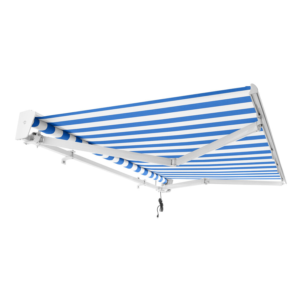 Awntech Destin 14' Blue / White Stripe Heavy-Duty Left Motor Retractable Patio Awning with Protective Hood