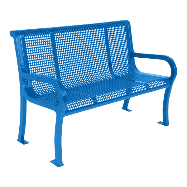 Ultra Site Lexington 4' Blue Perforated Bench with Backrest 51" x 26 7/8" x 35 1/2"