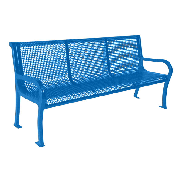 Ultra Site Lexington 8' Blue Perforated Bench with Backrest 99" x 26 7/8" x 35 1/2"