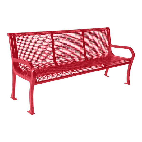 Ultra Site Lexington 8' Red Perforated Bench with Backrest 99" x 26 7/8" x 35 1/2"