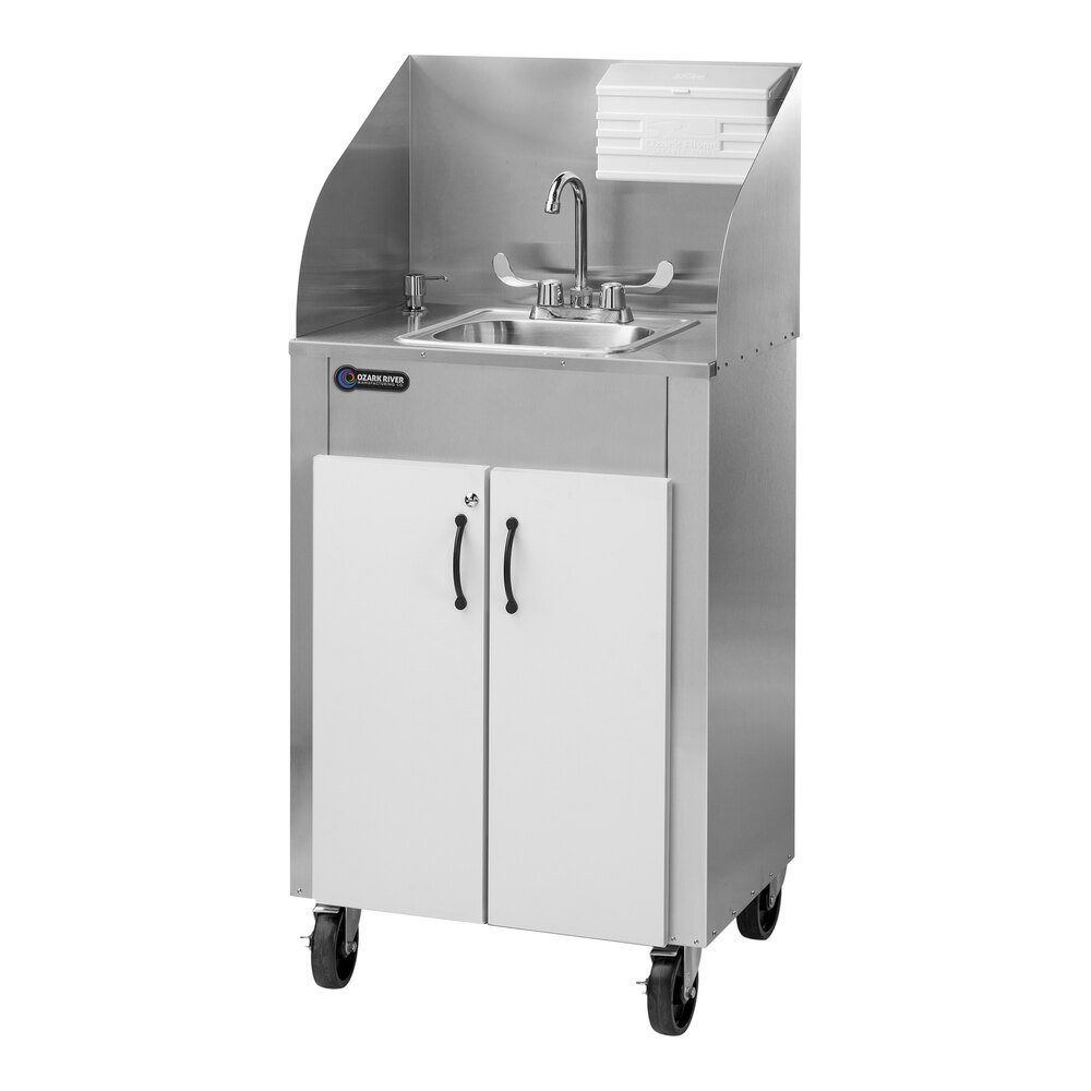 Ozark River Manufacturing ESPRWW-SS-SS1N Elite Pro 1 Stainless Steel Portable Hot Water Hand Sink with White Cabinets, Splashguard, and Towel Dispenser