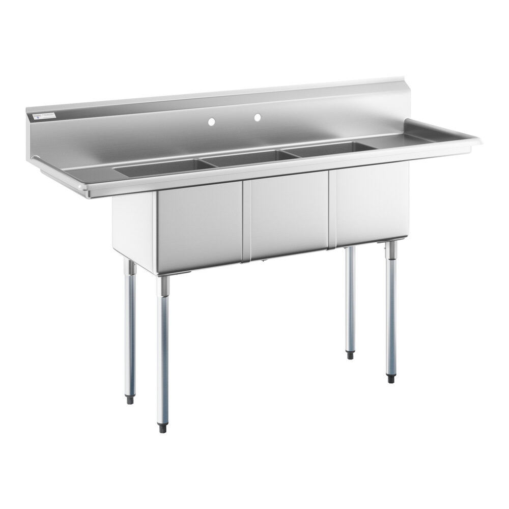 Steelton 66" 18 Gauge Stainless Steel Three Compartment Sink with 2 Drainboards - 14" x 16" x 12" Bowls