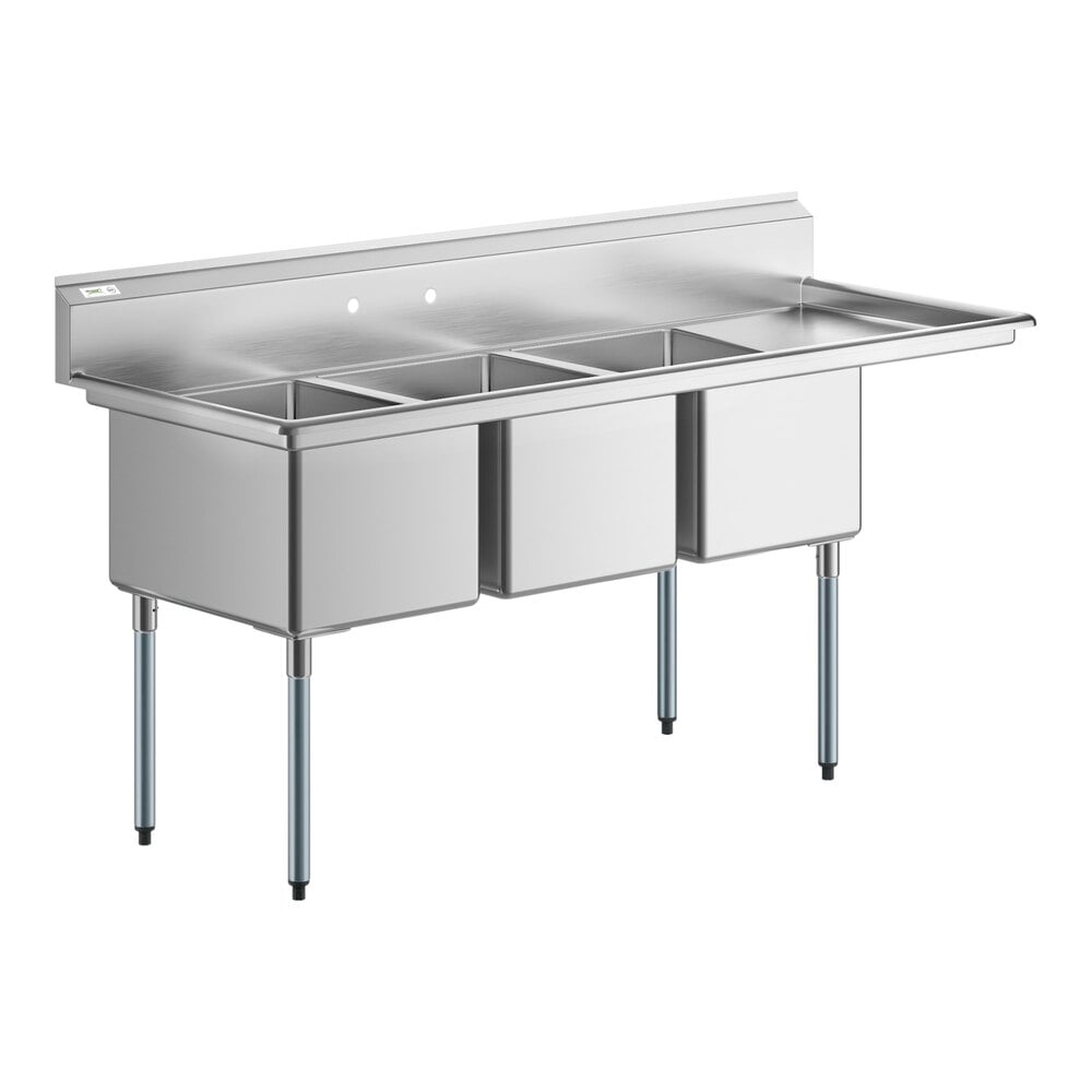 Regency 78 1/2" 16 Gauge Stainless Steel Three Compartment Commercial Sink with Galvanized Steel Legs and 1 Drainboard - 18" x 24" x 14" Bowls - Right Drainboard