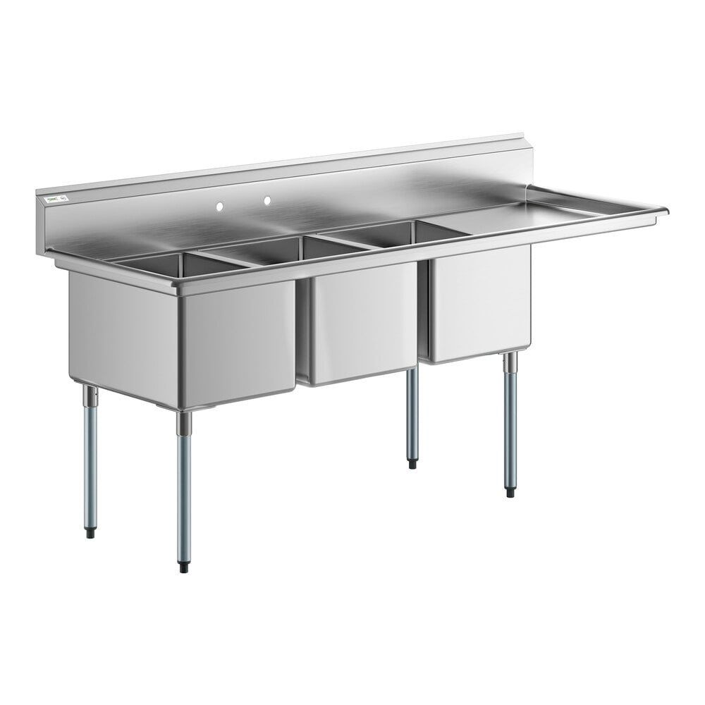 Regency 84 1/2" 16 Gauge Stainless Steel Three Compartment Commercial Sink with Galvanized Steel Legs and 1 Drainboard - 18" x 24" x 14" Bowls - Right Drainboard