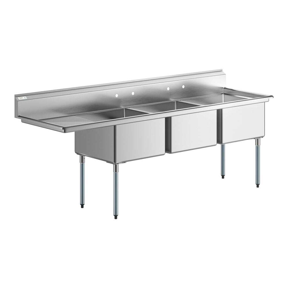 Regency 102 1/2" 16 Gauge Stainless Steel Three Compartment Commercial Sink with Galvanized Steel Legs and 1 Drainboard - 24" x 24" x 14" Bowls - Left Drainboard
