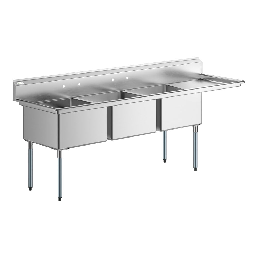 Regency 102 1/2" 16 Gauge Stainless Steel Three Compartment Commercial Sink with Galvanized Steel Legs and 1 Drainboard - 24" x 24" x 14" Bowls - Right Drainboard