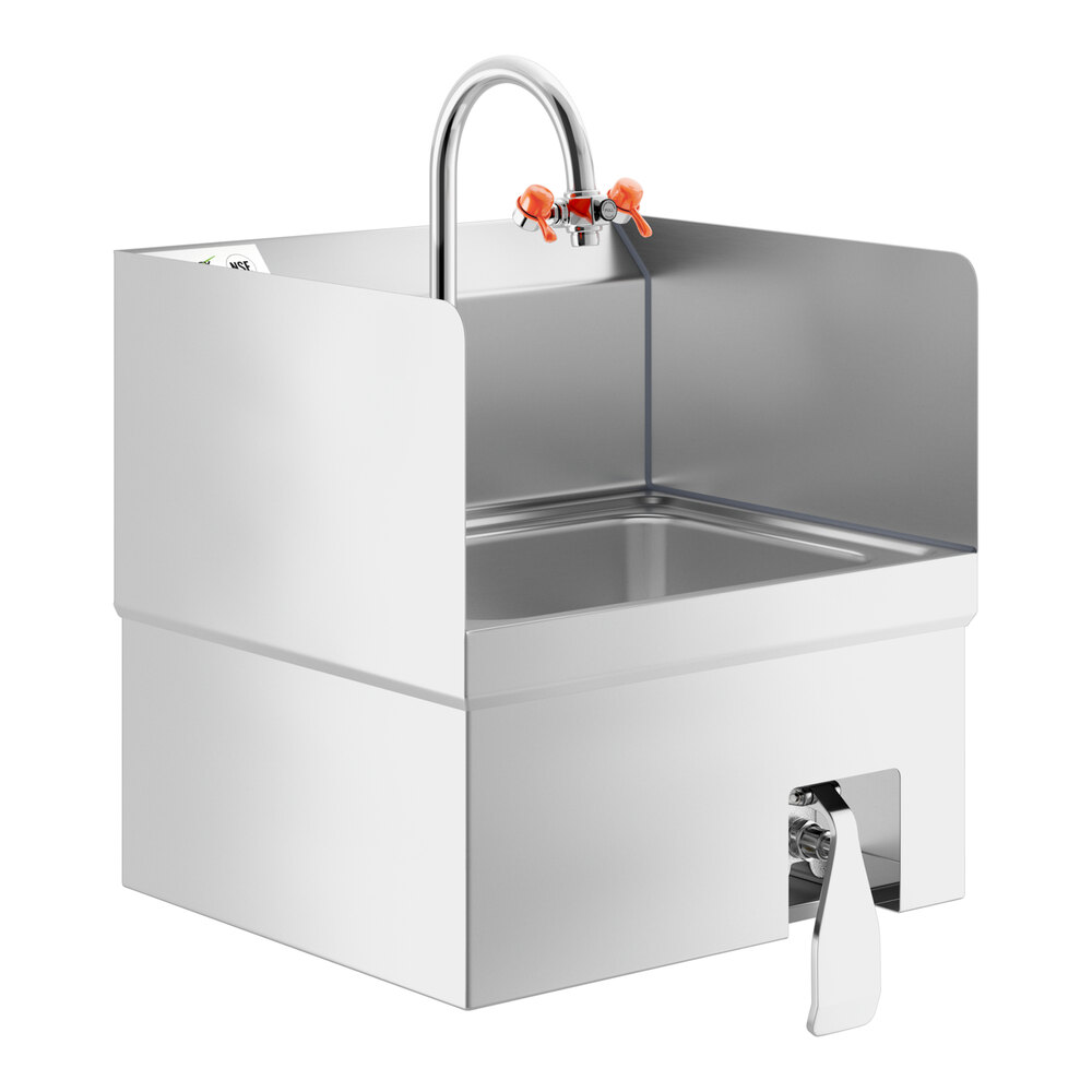 Regency 17" x 15" Wall Mounted Hands-Free Hand Sink with Knee Operated Valve, Side Splashes, and G1100 Eyewash Station