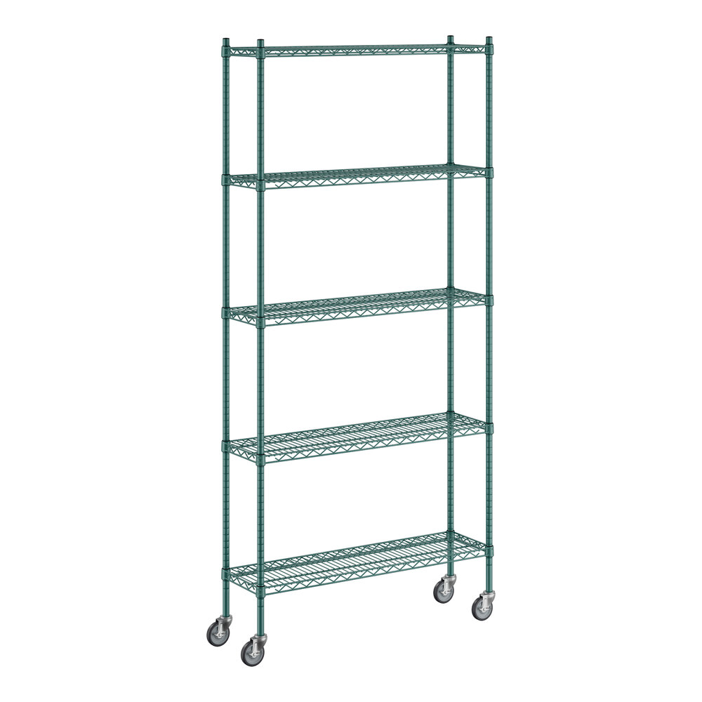 Regency 12" x 42" x 92" NSF Green Epoxy Mobile Wire Shelving Starter Kit with 5 Shelves