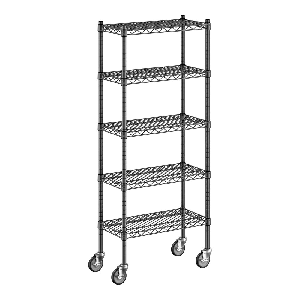 Regency 12" x 24" x 60" NSF Black Epoxy Mobile Wire Shelving Starter Kit with 5 Shelves