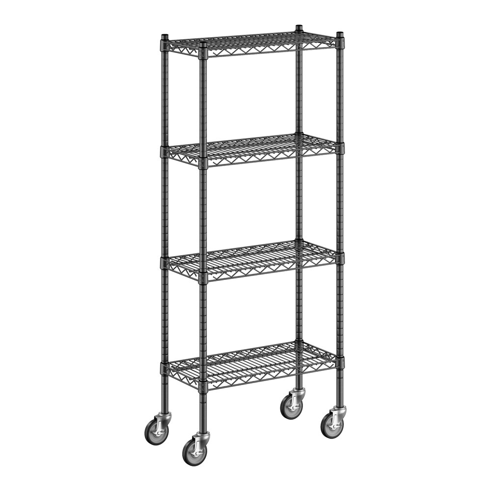 Regency 12" x 24" x 60" NSF Black Epoxy Mobile Wire Shelving Starter Kit with 4 Shelves