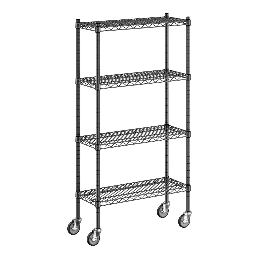 Regency 12" x 30" x 60" NSF Black Epoxy Mobile Wire Shelving Starter Kit with 4 Shelves
